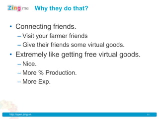 Why they do that?


• Connecting friends.
      – Visit your farmer friends
      – Give their friends some virtual goods.
• Extremely like getting free virtual goods.
      – Nice.
      – More % Production.
      – More Exp.




http://open.zing.vn                              11
 
