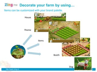 Decorate your farm by using…
Items can be customized with your brand palette.

                         House




                         Theme



                                 Items




                                         Booth



                                                   Dog
 http://open.zing.vn                                     14
 
