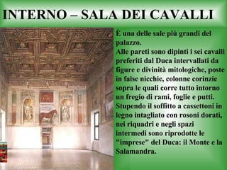 INTERNO – SALA DEI CAVALLI È una delle sale più grandi del palazzo.  Alle pareti sono dipinti i sei cavalli preferiti dal Duca intervallati da figure e divinità mitologiche, poste in false nicchie, colonne corinzie sopra le quali corre tutto intorno un fregio di rami, foglie e putti. Stupendo il soffitto a cassettoni in legno intagliato con rosoni dorati, nei riquadri e negli spazi intermedi sono riprodotte le "imprese" del Duca: il Monte e la Salamandra. 