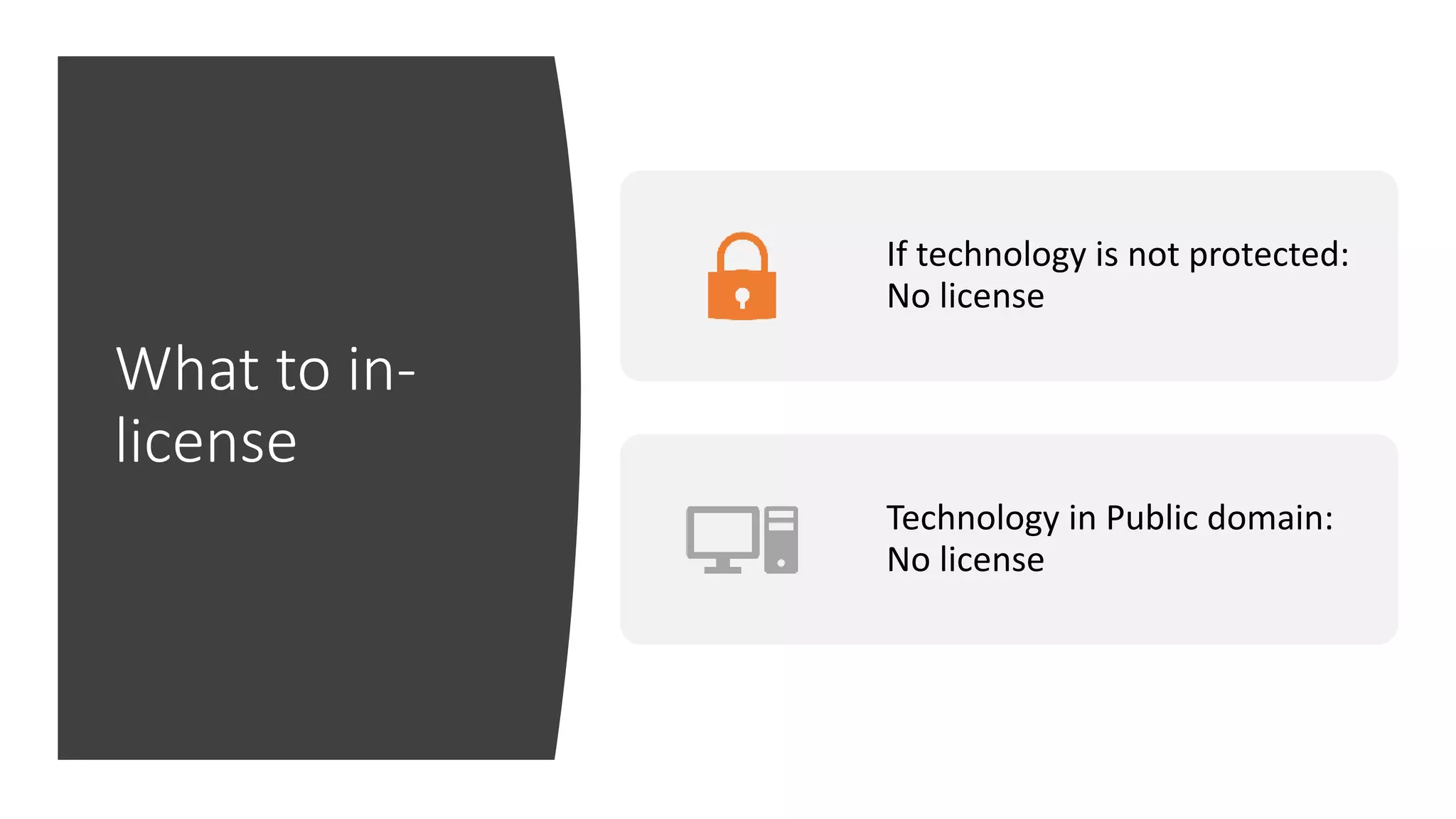 What to in-
license
If technology is not protected:
No license
Technology in Public domain:
No license
 