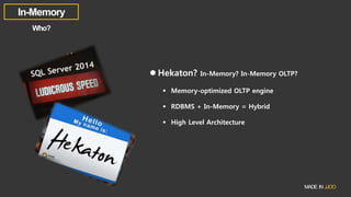  Hekaton? In-Memory? In-Memory OLTP?
 Memory-optimized OLTP engine
 RDBMS + In-Memory = Hybrid
 High Level Architecture
 