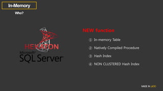 NEW function
① In-memory Table
② Natively Compiled Procedure
③ Hash Index
④ NON CLUSTERED Hash Index
 