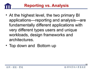 Reporting vs. Analysis

• At the highest level, the two primary BI
  applications—reporting and analysis—are
  fundamentally different applications with
  very different types users and unique
  workloads, design frameworks and
  architectures.
• Top down and Bottom up



                                          10
 