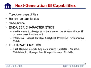 Next-Generation BI Capabilities

•   Top-down capabilities
•   Bottom-up capabilities
•   Self-service
•   END-USER CHARACTERISTICS
    – enable users to change what they see on the screen without IT
      or power-user involvement
    – Interactive , Visual, Flexible, Analytical, Predictive, Collaborative,
      Mobile
• IT CHARACTERISTICS
    – Fast, Deploys quickly, Any data source, Scalable, Reusable,
      Maintainable, Manageable, Comprehensive, Portable



                                                                          15
 