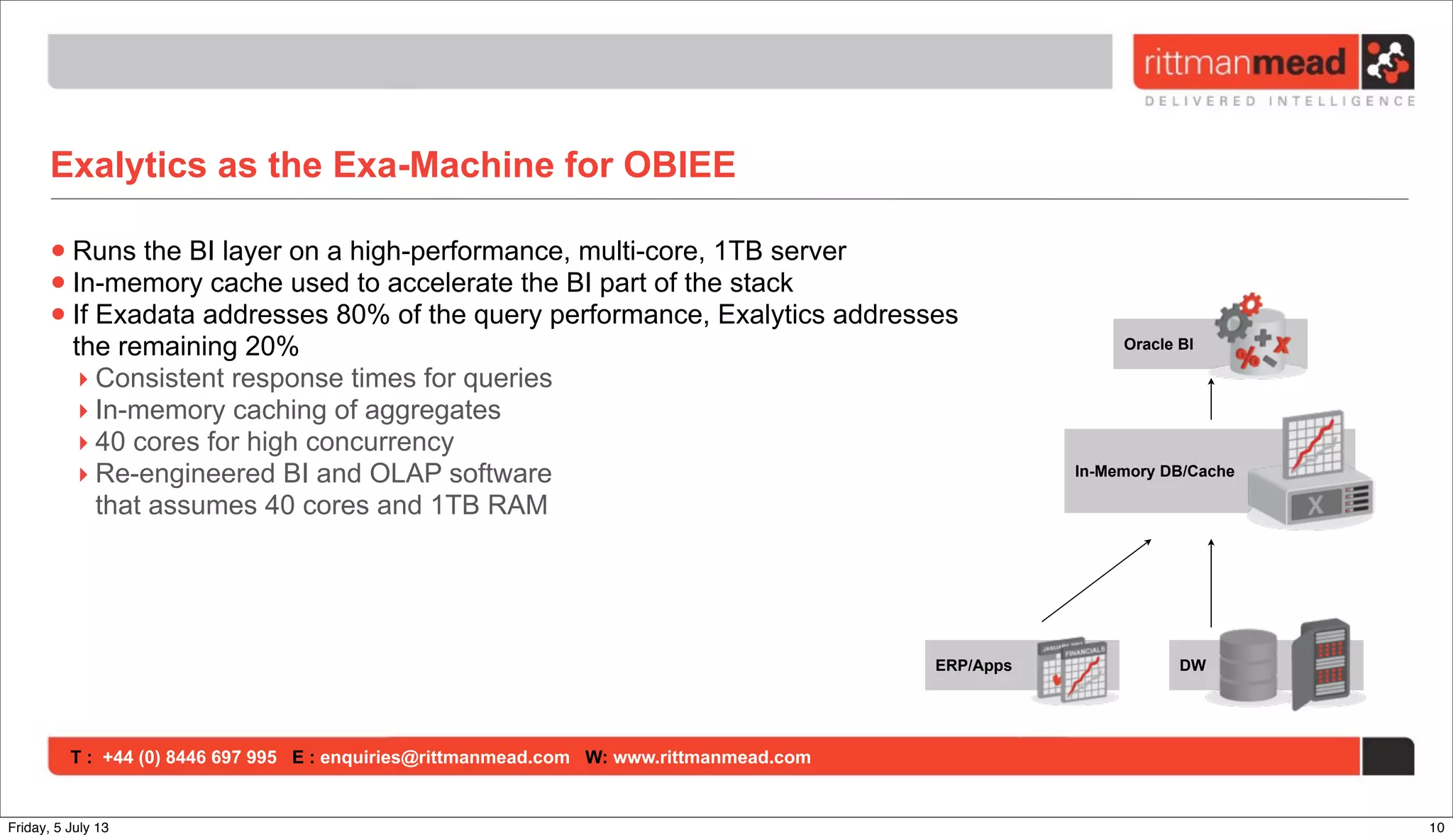 T : +44 (0) 8446 697 995 E : enquiries@rittmanmead.com W: www.rittmanmead.com
Exalytics as the Exa-Machine for OBIEE
•Runs the BI layer on a high-performance, multi-core, 1TB server
•In-memory cache used to accelerate the BI part of the stack
•If Exadata addresses 80% of the query performance, Exalytics addresses
the remaining 20%
‣ Consistent response times for queries
‣ In-memory caching of aggregates
‣ 40 cores for high concurrency
‣ Re-engineered BI and OLAP software
that assumes 40 cores and 1TB RAM
ERP/Apps DW
Oracle BI
In-Memory DB/Cache
10Friday, 5 July 13
 