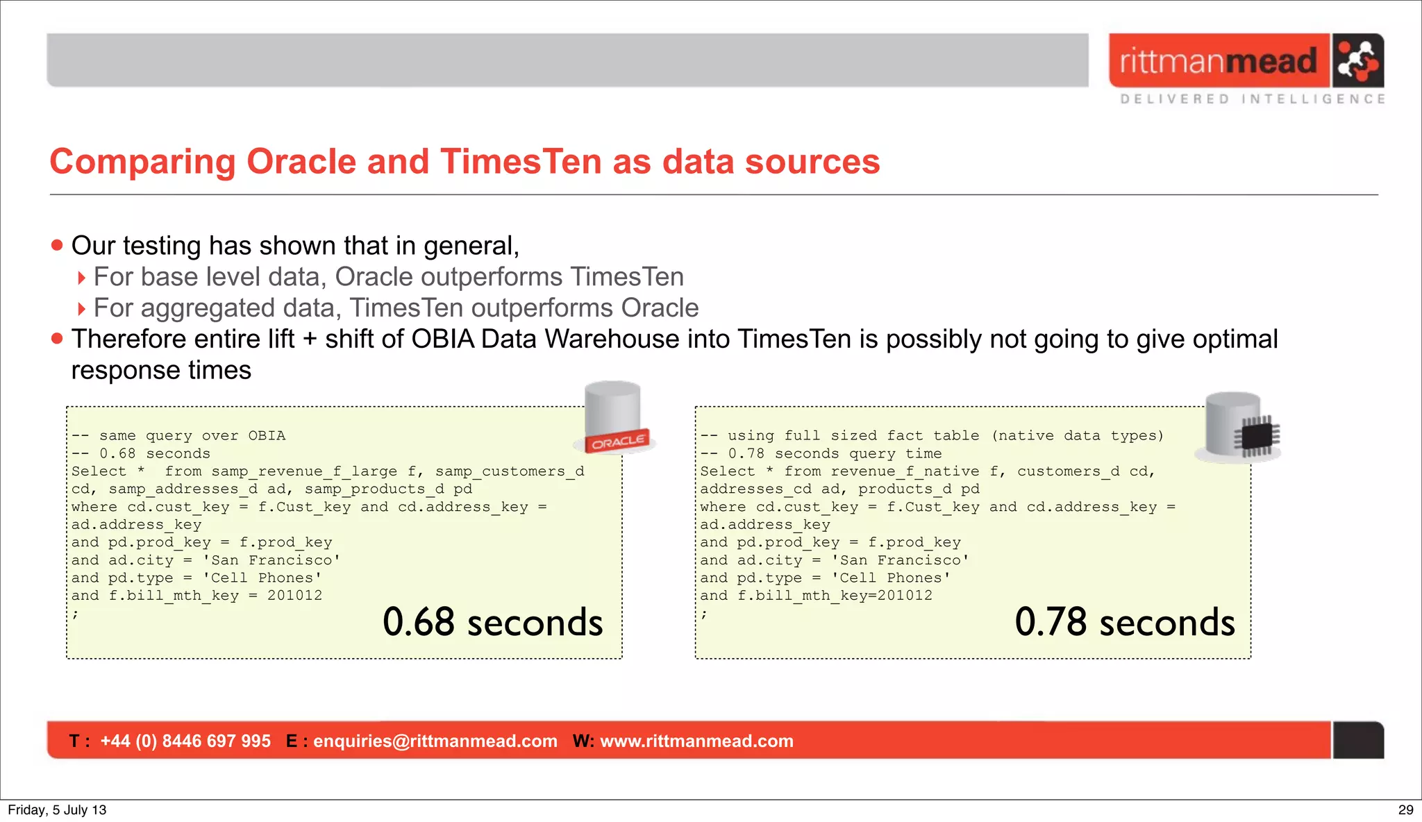 T : +44 (0) 8446 697 995 E : enquiries@rittmanmead.com W: www.rittmanmead.com
Comparing Oracle and TimesTen as data sources
•Our testing has shown that in general,
‣ For base level data, Oracle outperforms TimesTen
‣ For aggregated data, TimesTen outperforms Oracle
•Therefore entire lift + shift of OBIA Data Warehouse into TimesTen is possibly not going to give optimal
response times
-- same query over OBIA
-- 0.68 seconds
Select * from samp_revenue_f_large f, samp_customers_d
cd, samp_addresses_d ad, samp_products_d pd
where cd.cust_key = f.Cust_key and cd.address_key =
ad.address_key
and pd.prod_key = f.prod_key
and ad.city = 'San Francisco'
and pd.type = 'Cell Phones'
and f.bill_mth_key = 201012
;
-- using full sized fact table (native data types)
-- 0.78 seconds query time
Select * from revenue_f_native f, customers_d cd,
addresses_cd ad, products_d pd
where cd.cust_key = f.Cust_key and cd.address_key =
ad.address_key
and pd.prod_key = f.prod_key
and ad.city = 'San Francisco'
and pd.type = 'Cell Phones'
and f.bill_mth_key=201012
;
0.68 seconds 0.78 seconds
29Friday, 5 July 13
 