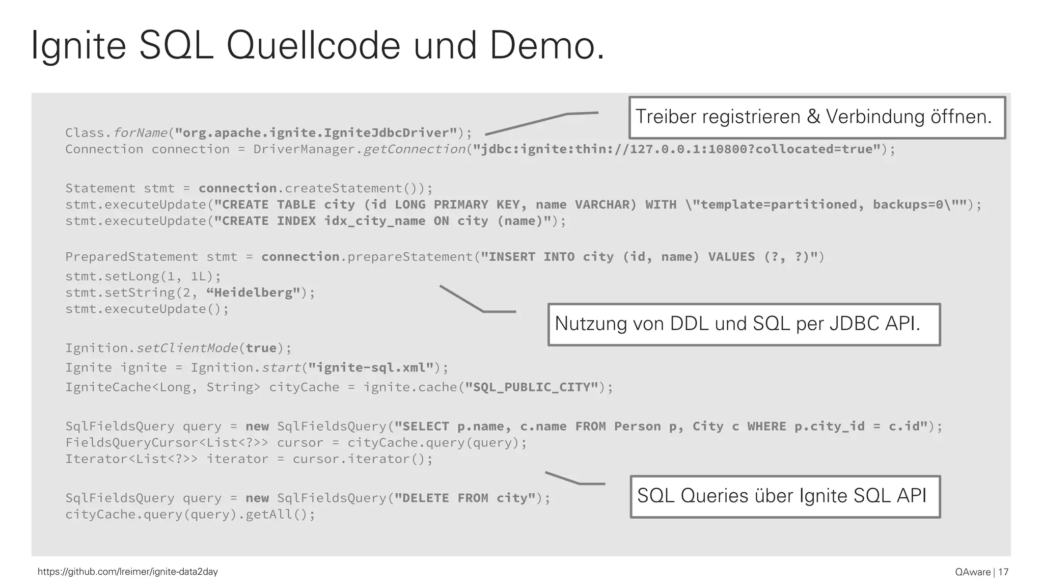 Class.forName("org.apache.ignite.IgniteJdbcDriver");
Connection connection = DriverManager.getConnection("jdbc:ignite:thin://127.0.0.1:10800?collocated=true");
Statement stmt = connection.createStatement());
stmt.executeUpdate("CREATE TABLE city (id LONG PRIMARY KEY, name VARCHAR) WITH "template=partitioned, backups=0"");
stmt.executeUpdate("CREATE INDEX idx_city_name ON city (name)");
PreparedStatement stmt = connection.prepareStatement("INSERT INTO city (id, name) VALUES (?, ?)")
stmt.setLong(1, 1L);
stmt.setString(2, “Heidelberg");
stmt.executeUpdate();
Ignition.setClientMode(true);
Ignite ignite = Ignition.start("ignite-sql.xml");
IgniteCache<Long, String> cityCache = ignite.cache("SQL_PUBLIC_CITY");
SqlFieldsQuery query = new SqlFieldsQuery("SELECT p.name, c.name FROM Person p, City c WHERE p.city_id = c.id");
FieldsQueryCursor<List<?>> cursor = cityCache.query(query);
Iterator<List<?>> iterator = cursor.iterator();
SqlFieldsQuery query = new SqlFieldsQuery("DELETE FROM city");
cityCache.query(query).getAll();
Ignite SQL Quellcode und Demo.
QAware 17https://github.com/lreimer/ignite-data2day
Nutzung von DDL und SQL per JDBC API.
SQL Queries über Ignite SQL API
Treiber registrieren & Verbindung öffnen.
 