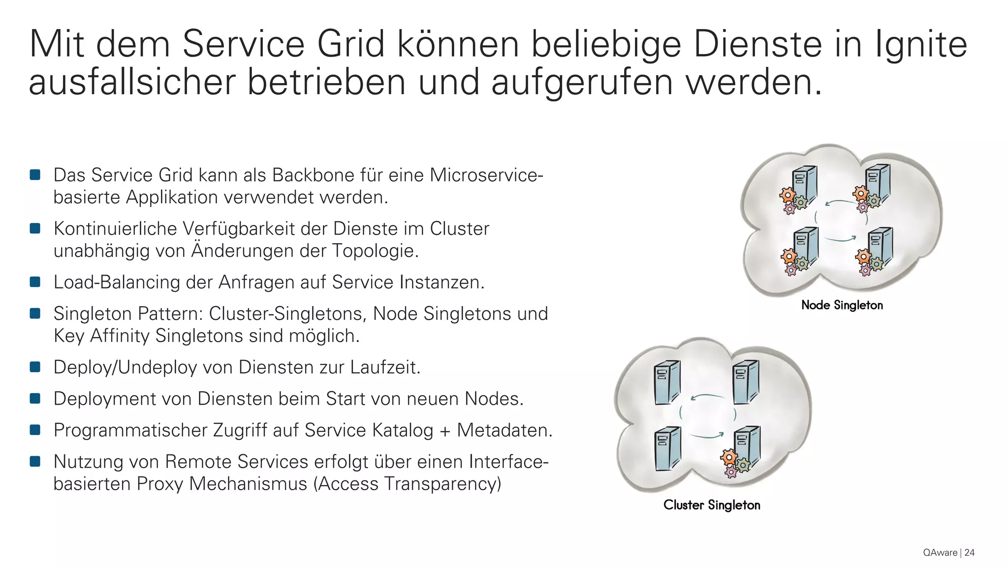 Das Service Grid kann als Backbone für eine Microservice-
basierte Applikation verwendet werden.
Kontinuierliche Verfügbarkeit der Dienste im Cluster
unabhängig von Änderungen der Topologie.
Load-Balancing der Anfragen auf Service Instanzen.
Singleton Pattern: Cluster-Singletons, Node Singletons und
Key Affinity Singletons sind möglich.
Deploy/Undeploy von Diensten zur Laufzeit.
Deployment von Diensten beim Start von neuen Nodes.
Programmatischer Zugriff auf Service Katalog + Metadaten.
Nutzung von Remote Services erfolgt über einen Interface-
basierten Proxy Mechanismus (Access Transparency)
Mit dem Service Grid können beliebige Dienste in Ignite
ausfallsicher betrieben und aufgerufen werden.
QAware 24
 