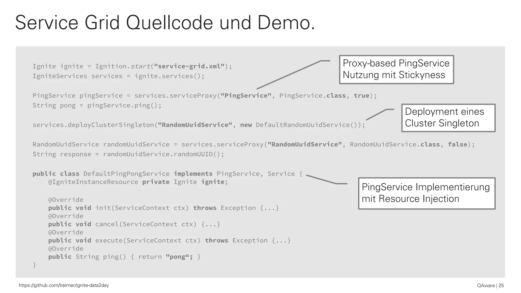 Ignite ignite = Ignition.start("service-grid.xml");
IgniteServices services = ignite.services();
PingService pingService = services.serviceProxy("PingService", PingService.class, true);
String pong = pingService.ping();
services.deployClusterSingleton("RandomUuidService", new DefaultRandomUuidService());
RandomUuidService randomUuidService = services.serviceProxy("RandomUuidService", RandomUuidService.class, false);
String response = randomUuidService.randomUUID();
public class DefaultPingPongService implements PingService, Service {
@IgniteInstanceResource private Ignite ignite;
@Override
public void init(ServiceContext ctx) throws Exception {...}
@Override
public void cancel(ServiceContext ctx) {...}
@Override
public void execute(ServiceContext ctx) throws Exception {...}
@Override
public String ping() { return "pong“; }
}
Service Grid Quellcode und Demo.
QAware 25https://github.com/lreimer/ignite-data2day
Proxy-based PingService
Nutzung mit Stickyness
Deployment eines
Cluster Singleton
PingService Implementierung
mit Resource Injection
 