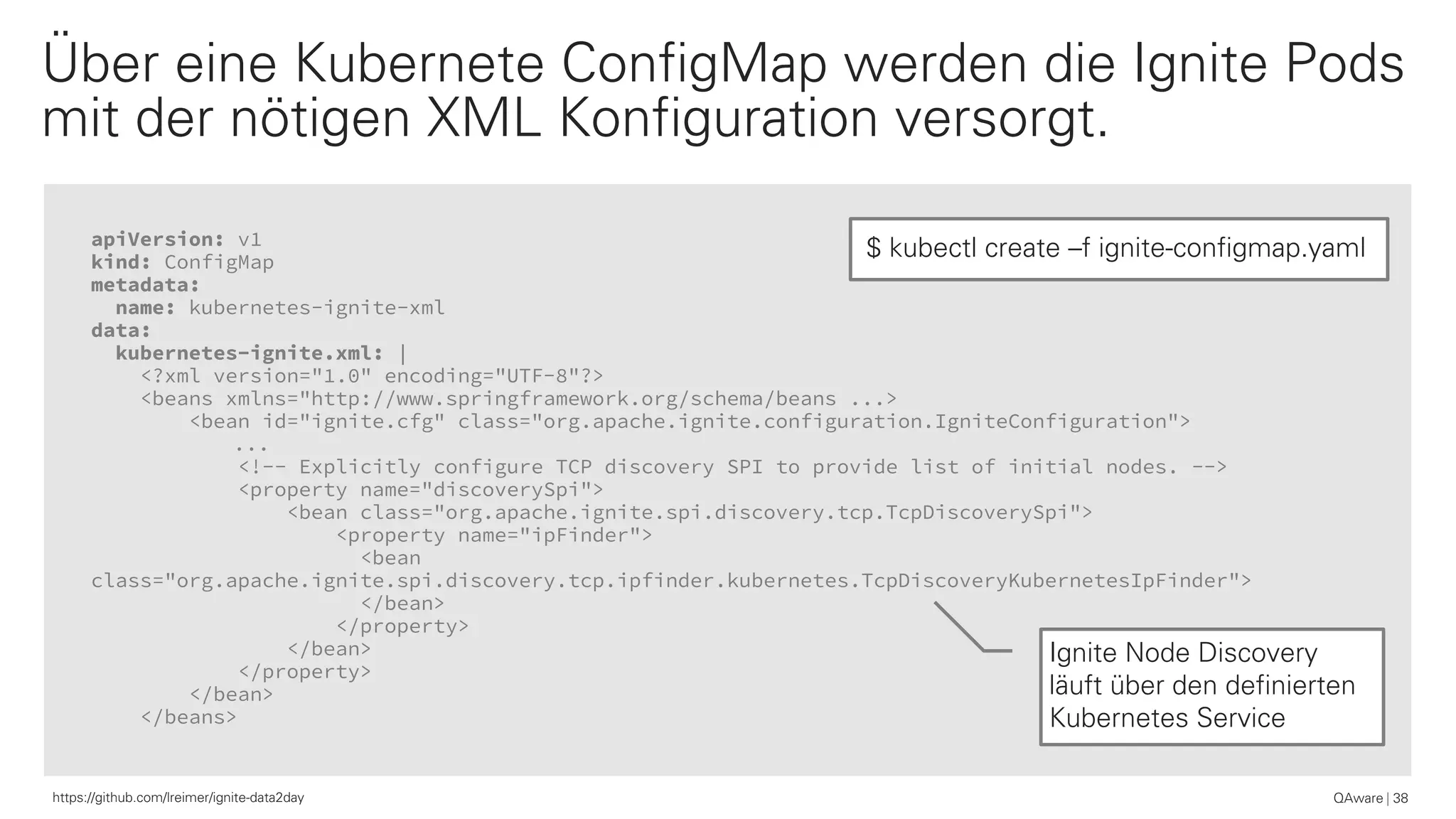 apiVersion: v1
kind: ConfigMap
metadata:
name: kubernetes-ignite-xml
data:
kubernetes-ignite.xml: |
<?xml version="1.0" encoding="UTF-8"?>
<beans xmlns="http://www.springframework.org/schema/beans ...>
<bean id="ignite.cfg" class="org.apache.ignite.configuration.IgniteConfiguration">
...
<!-- Explicitly configure TCP discovery SPI to provide list of initial nodes. -->
<property name="discoverySpi">
<bean class="org.apache.ignite.spi.discovery.tcp.TcpDiscoverySpi">
<property name="ipFinder">
<bean
class="org.apache.ignite.spi.discovery.tcp.ipfinder.kubernetes.TcpDiscoveryKubernetesIpFinder">
</bean>
</property>
</bean>
</property>
</bean>
</beans>
QAware 38
Über eine Kubernete ConfigMap werden die Ignite Pods
mit der nötigen XML Konfiguration versorgt.
Ignite Node Discovery
läuft über den definierten
Kubernetes Service
$ kubectl create –f ignite-configmap.yaml
https://github.com/lreimer/ignite-data2day
 