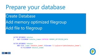 Prepare your database
Create Database
Add memory optimized filegroup
Add file to filegroup
 
