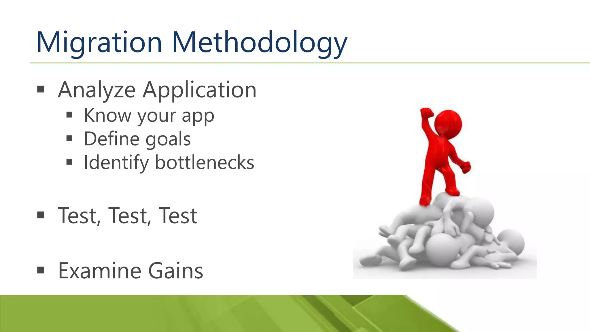 Migration Methodology  Analyze Application  Know your app  Define goals  Identify bottlenecks  Test, Test, Test  Examine Gains 