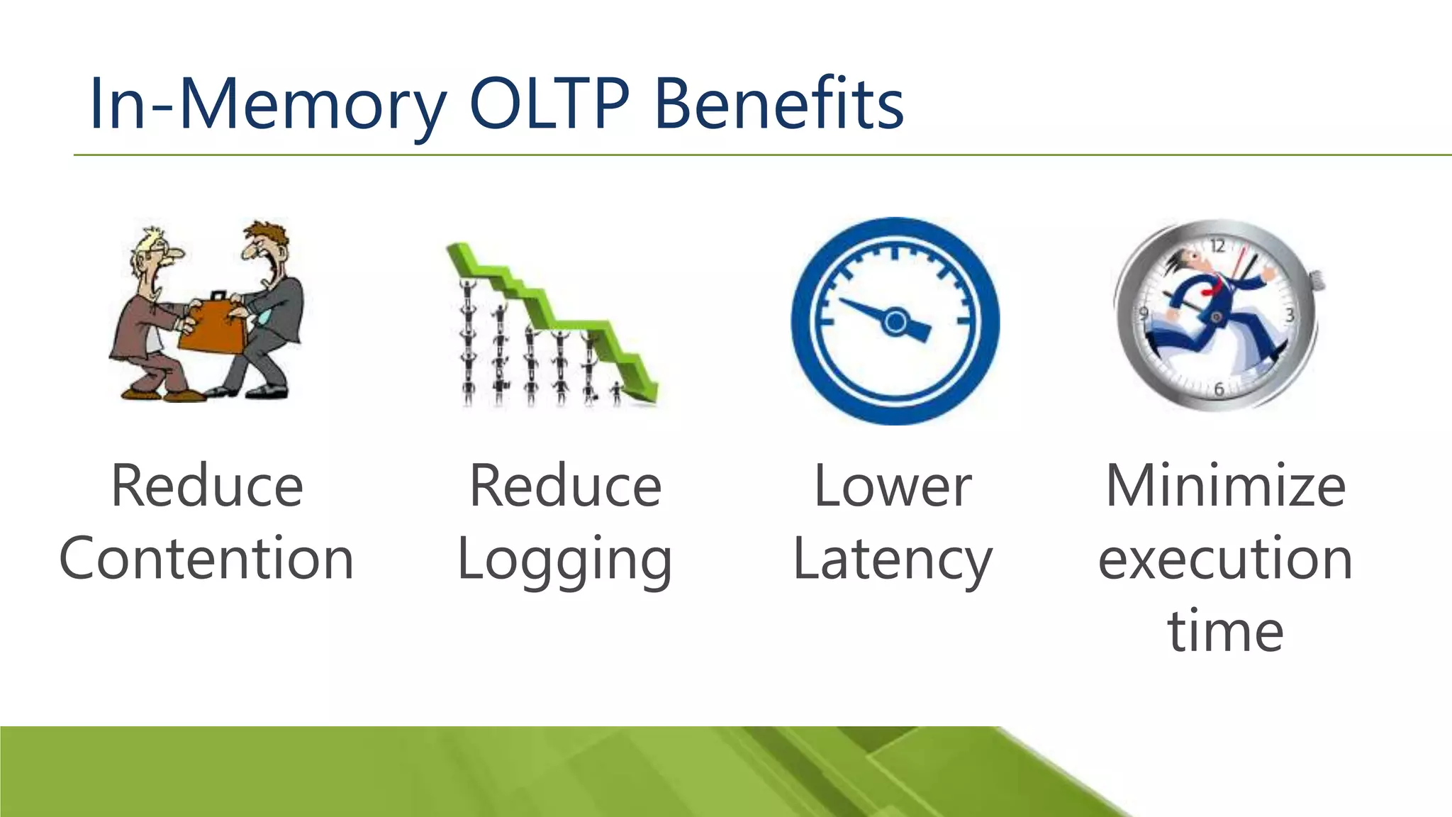 In-Memory OLTP Benefits Reduce Contention Reduce Logging Minimize execution time Lower Latency 