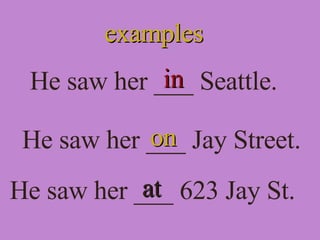 examples He saw her ___ Seattle. in He saw her ___ Jay Street. He saw her ___ 623 Jay St. on at 