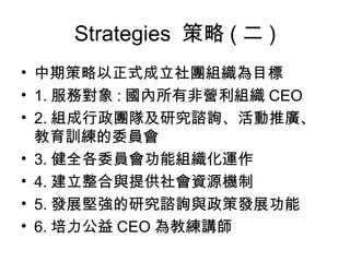 Strategies  策略 ( 二 ) 中期策略以正式成立社團組織為目標 1. 服務對象 : 國內所有非營利組織 CEO 2. 組成行政團隊及研究諮詢、活動推廣、教育訓練的委員會 3. 健全各委員會功能組織化運作 4. 建立整合與提供社會資源機制 5. 發展堅強的研究諮詢與政策發展功能 6. 培力公益 CEO 為教練講師 