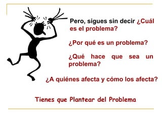 Pero, sigues sin decir ¿Cuál
es el problema?
¿Por qué es un problema?
¿Qué hace que sea un
problema?
¿A quiénes afecta y cómo los afecta?
Tienes que Plantear del Problema
 