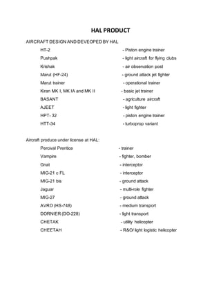 HAL PRODUCT
AIRCRAFT DESIGN AND DEVEOPED BY HAL
HT-2 - Piston engine trainer
Pushpak - light aircraft for flying clubs
Krishak - air observation post
Marut (HF-24) - ground attack jet fighter
Marut trainer - operational trainer
Kiran MK I, MK IA and MK II - basic jet trainer
BASANT - agriculture aircraft
AJEET - light fighter
HPT- 32 - piston engine trainer
HTT-34 - turboprop variant
Aircraft produce under license at HAL:
Percival Prentice - trainer
Vampire - fighter, bomber
Gnat - interceptor
MIG-21 c FL - interceptor
MIG-21 bis - ground attack
Jaguar - multi-role fighter
MIG-27 - ground attack
AVRO (HS-748) - medium transport
DORNIER (DO-228) - light transport
CHETAK - utility helicopter
CHEETAH - R&O/ light logistic helicopter
 
