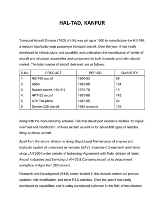 HAL-TAD, KANPUR
Transport Aircraft Division (TAD) of HAL was set up in 1960 to manufacture the HS-748,
a medium haul turbo-prop passenger transport aircraft. Over the year, it has vastly
developed its infrastructure and capability and undertaken the manufacture of variety of
aircraft and structural assemblies and component for both domestic and international
market. The total number of aircraft delivered are as follows:
S.No. PRODUCT PERIOD QUANTITY
1
2
3
4
5
6
HS-748 aircraft
Glider
Basant aircraft (HA-31)
HPT-32 aircraft
ATP Tail-plane
Dornier-228 aircraft
1960-83
1963-86
1975-78
1983-98
1987-95
1985 onwards
89
164
19
142
24
125
Along with the manufacturing activities TAD has developed extensive facilities for repair,
overhaul and modification of these aircraft as well as for about 400 types of retables
fitting on these aircraft.
Apart from the above, division is doing Depot Level Maintenance of engines and
hydraulic system of unmanned air vehicles (UAV), Searcher-I, Searcher-II and Heron
since JAN’2004 under transfer of technology Agreement with Malat division of Israel.
Aircraft Industries and Servicing of AN-32 & Canberra aircraft at its detachment
workplace at Agra from 200 onward.
Research and Development (R&D) center located in this division carried out product
updation, role modification and other R&D activities. Over the year it has vastly
developed its capabilities and is today considered a pioneer in the field of manufacture
 