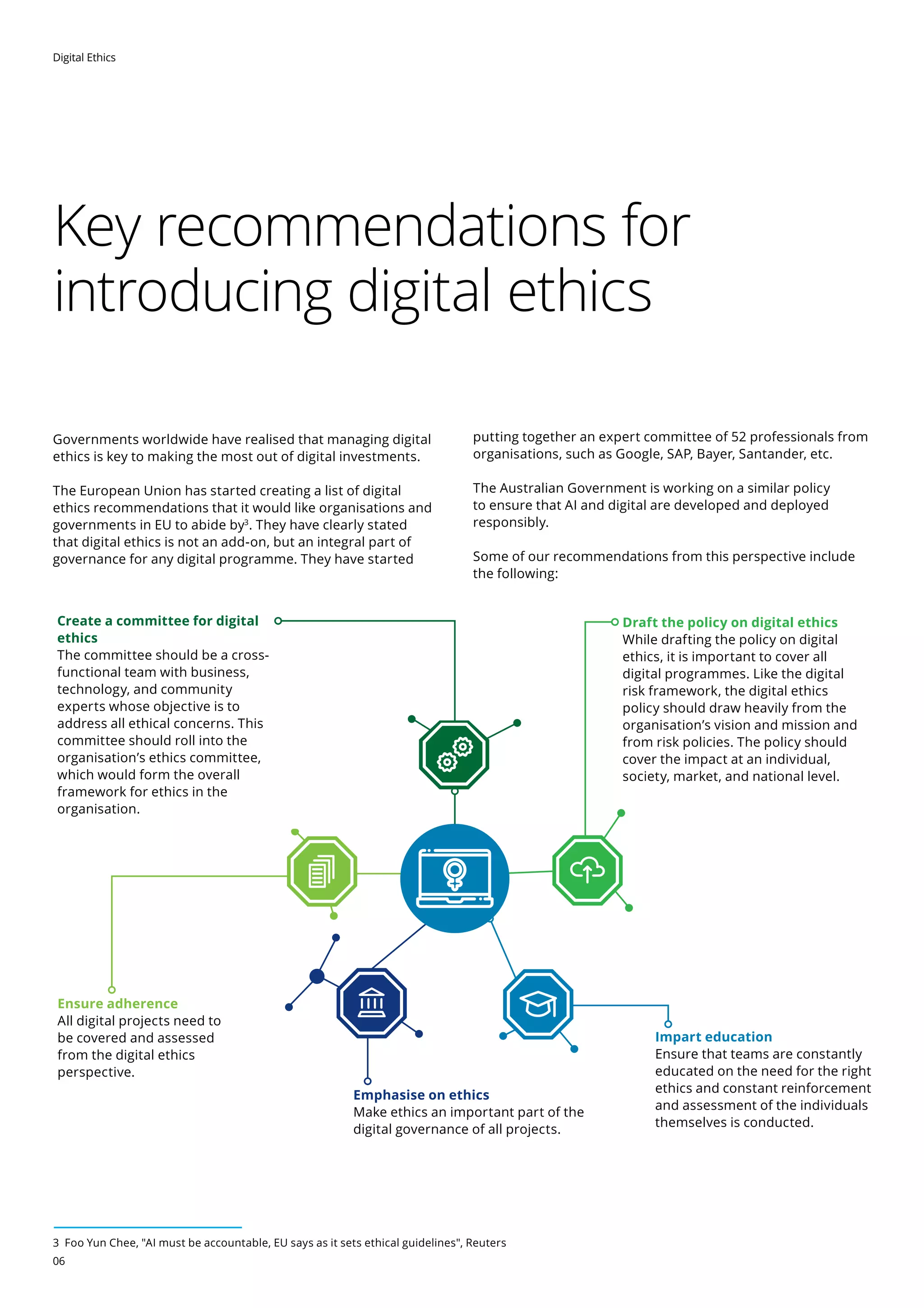 Digital Ethics
06
Key recommendations for
introducing digital ethics
Governments worldwide have realised that managing digital
ethics is key to making the most out of digital investments.
The European Union has started creating a list of digital
ethics recommendations that it would like organisations and
governments in EU to abide by3
. They have clearly stated
that digital ethics is not an add-on, but an integral part of
governance for any digital programme. They have started
putting together an expert committee of 52 professionals from
organisations, such as Google, SAP, Bayer, Santander, etc.
The Australian Government is working on a similar policy
to ensure that AI and digital are developed and deployed
responsibly.
Some of our recommendations from this perspective include
the following:
Create a committee for digital
ethics

The committee should be a cross-
functional team with business,
technology, and community
experts whose objective is to
address all ethical concerns. This
committee should roll into the
organisation’s ethics committee,
which would form the overall
framework for ethics in the
organisation.
Draft the policy on digital ethics

While drafting the policy on digital
ethics, it is important to cover all
digital programmes. Like the digital
risk framework, the digital ethics
policy should draw heavily from the
organisation’s vision and mission and
from risk policies. The policy should
cover the impact at an individual,
society, market, and national level.
Ensure adherence

All digital projects need to
be covered and assessed
from the digital ethics
perspective.
Emphasise on ethics

Make ethics an important part of the
digital governance of all projects.
Impart education

Ensure that teams are constantly
educated on the need for the right
ethics and constant reinforcement
and assessment of the individuals
themselves is conducted.
3 Foo Yun Chee, AI must be accountable, EU says as it sets ethical guidelines, Reuters
 