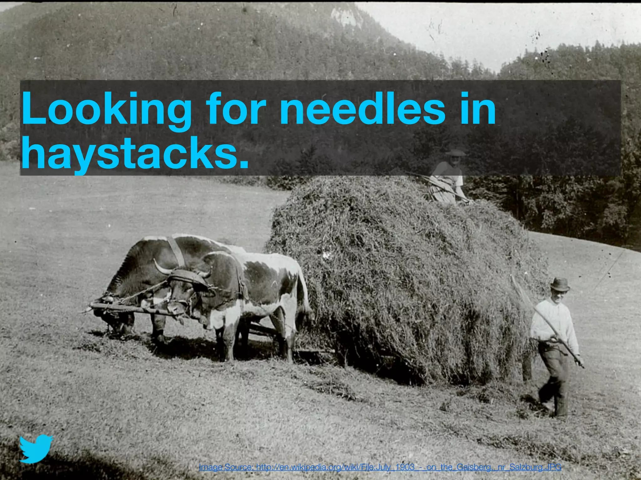 Looking for needles in
haystacks.




                                                         @JoinTheFlock | Hadoop Summit, June 14 2012   6

        Image Source: http://en.wikipedia.org/wiki/File:July_1903_-_on_the_Gaisberg,_nr_Salzburg.JPG
 