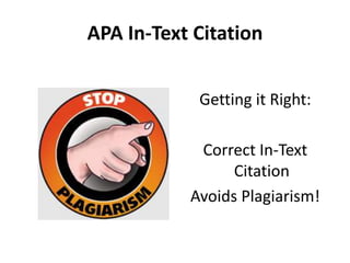 APA In-Text Citation
Getting it Right:
Correct In-Text
Citation
Avoids Plagiarism!
 