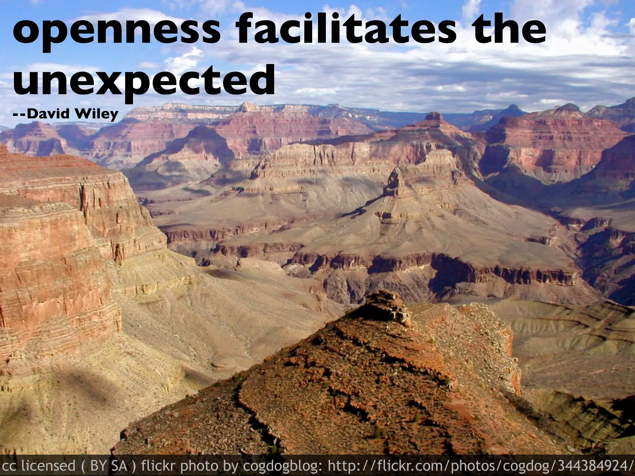 openness facilitates the
 unexpected
 --David Wiley




cc licensed ( BY SA ) flickr photo by cogdogblog: http://flickr.com/photos/cogdog/344384924/
 