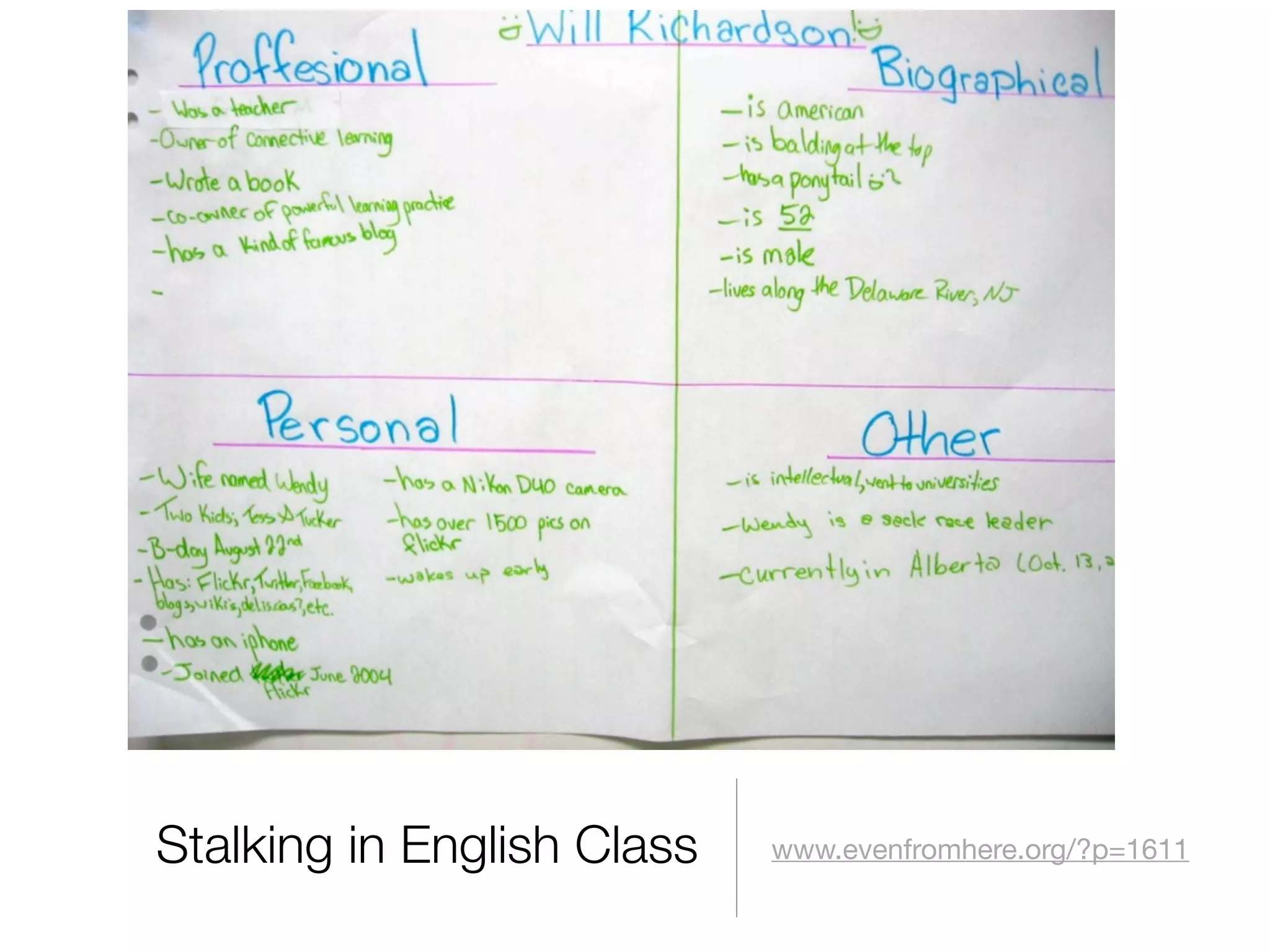 Stalking in English Class   www.evenfromhere.org/?p=1611
 