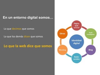 En un entorno digital somos…
Lo que decimos que somos
Lo que los demás dicen que somos
Lo que la web dice que somos
 