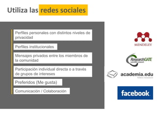 Preferidos (Me gusta)
Perfiles personales con distintos niveles de
privacidad
Perfiles institucionales
Mensajes privados entre los miembros de
la comunidad
Participación individual directa o a través
de grupos de intereses
Comunicación / Colaboración
Utiliza las redes sociales
 