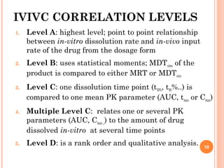 IVIVC CORRELATION LEVELS
1. Level A: highest level; point to point relationship
between in-vitro dissolution rate and in-vivo input
rate of the drug from the dosage form
2. Level B: uses statistical moments; MDTvitro of the
product is compared to either MRT or MDTvivo
3. Level C: one dissolution time point (t50%, t90%..) is
compared to one mean PK parameter (AUC, tmax or Cmax)
4. Multiple Level C: relates one or several PK
parameters (AUC, Cmax ..) to the amount of drug
dissolved in-vitro at several time points
5. Level D: is a rank order and qualitative analysis. 10
 