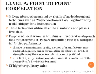 LEVEL A: POINT TO POINT
CORRELATION
 % Drug absorbed calculated by means of model dependent
techniques such as Wagner-Nelson or Loo-Riegelman or by
model-independent deconvolution
 These techniques utilize all of the dissolution and plasma
level data
 Purpose of Level A corr. is to define a direct relationship such
that measurement of in-vitro dissolution rate is a surrogate
for in-vivo performance
 change in manufacturing site, method of manufacture, raw
material supplies, minor formulation modification, product
strength using the same formulation can be justified
 excellent quality control procedure since it is predictive of the
dosage form’s in-vivo performance
 Of highest regulatory value 11
Sakore S.and Chakraborty B. (2011). J Bioequiv Availab, S3: 1-12.
 