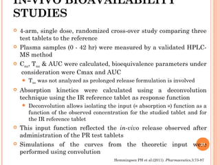 IN-VIVO BIOAVAILABILITY
STUDIES
 4-arm, single dose, randomized cross-over study comparing three
test tablets to the reference
 Plasma samples (0 - 42 hr) were measured by a validated HPLC-
MS method
 Cmax, Tmax & AUC were calculated, bioequivalence parameters under
consideration were Cmax and AUC
 Tmax was not analyzed as prolonged release formulation is involved
 Absorption kinetics were calculated using a deconvolution
technique using the IR reference tablet as response function
 Deconvolution allows isolating the input (« absorption ») function as a
function of the observed concentration for the studied tablet and for
the IR reference tablet
 This input function reflected the in-vivo release observed after
administration of the PR test tablets
 Simulations of the curves from the theoretic input were
performed using convolution
21
Hemmingsen PH et al.(2011). Pharmaceutics,3:73-87
 