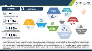 ABOUT US
Coherent Market Insights excels at offering unmatched actionable market intelligence across various industry verticals, including chemicals, healthcare,
and food & beverages, to name a few. We implement holistic market research methodology in order to result in the best possible market research reports
across various industries worldwide. Based on our unmatched expertise across various industries—no matter how large or small, how complex or unique
—we help our clients achieve better outcomes with uniquely designed and highly customized solutions. Our coverage includes insights that help our
clients ensure sustained growth in developed markets and also key inputs to help them tap into emerging markets and exploit the plethora of opportunities
posed therein.
RESEARCH
SOLUTIONS GLOBAL
REPORTS
FEASIBILITY
STUDIES
TECHNOLOGY
SNIPPETS
EXCEL
FORECAST
DATABASE COMPETITIV
E
ASSESSMENT
SURVEY
RESEARCH
CONSULT
PROJECT
S
COUNTRY
ANALYSIS
KEY STATS
Insights Published Per
Year
Consulting Projects Till
Date
Clients Worldwide Per Year
Analysts and Contract Consultants
100+
150+
125+
110+
 