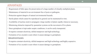 ADVANTAGES
• Requirement of little space for preservation of a large number of clonally multiplied plants.
• Maintenance of material in an environment free of pests or pathogens.
• Protection against dangers of natural environmental hazards.
• Sterile plants which cannot be reproduced in general can be maintained in-vitro.
• Availability of nucleus stock to propagate a large number of plants rapidly whenever necessary.
• Minimising obstacles imposed by quarantine systems on the movement of live plants.
• Since germplasm is kept under aseptic conditions, it can be easily transported.
• It requires constant electricity, skilled manpower and high technology.
• Formation of ice crystals is seen where it causes damage to germplasm.
DISADVANTAGES:
• It requires constant electricity, skilled manpower and high technology and highly expensive.
• Formation of ice crystals is seen where it causes damage to germplasm.
19
 