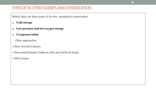 TYPESOFIN-VITROGERMPLASMCONSERVATION
Mainly there are three types of in-vitro germplasm conservation:
a) Cold storage
b) Low-pressure and low-oxygen storage
c) Cryopreservation
Other approaches:
Slow Growth Cultures
Desiccated Somatic Embryos (SE) and Artificial Seeds
DNA clones
20
 