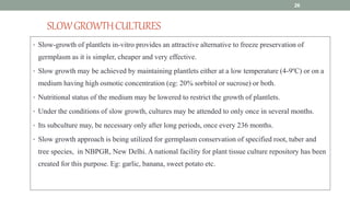 SLOWGROWTHCULTURES
• Slow-growth of plantlets in-vitro provides an attractive alternative to freeze preservation of
germplasm as it is simpler, cheaper and very effective.
• Slow growth may be achieved by maintaining plantlets either at a low temperature (4-9ºC) or on a
medium having high osmotic concentration (eg: 20% sorbitol or sucrose) or both.
• Nutritional status of the medium may be lowered to restrict the growth of plantlets.
• Under the conditions of slow growth, cultures may be attended to only once in several months.
• Its subculture may, be necessary only after long periods, once every 236 months.
• Slow growth approach is being utilized for germplasm conservation of specified root, tuber and
tree species, in NBPGR, New Delhi. A national facility for plant tissue culture repository has been
created for this purpose. Eg: garlic, banana, sweet potato etc.
26
 