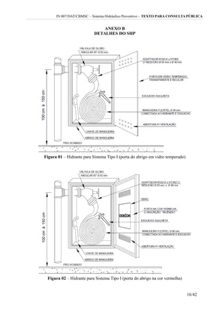 IN 007/DAT/CBMSC – Sistema Hidráulico Preventivo – TEXTO PARA CONSULTA PÚBLICA
ANEXO B
DETALHES DO SHP
Figura 01 – Hidrante para Sistema Tipo I (porta do abrigo em vidro temperado)
Figura 02 – Hidrante para Sistema Tipo I (porta do abrigo na cor vermelha)
16/42
 