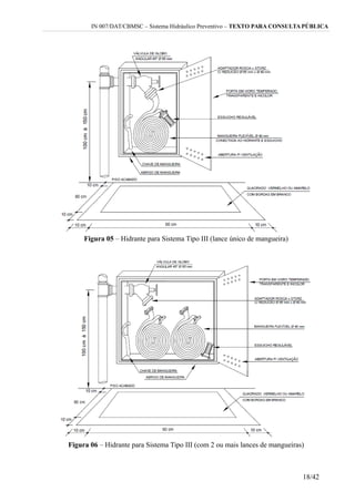 IN 007/DAT/CBMSC – Sistema Hidráulico Preventivo – TEXTO PARA CONSULTA PÚBLICA
Figura 05 – Hidrante para Sistema Tipo III (lance único de mangueira)
Figura 06 – Hidrante para Sistema Tipo III (com 2 ou mais lances de mangueiras)
18/42
 