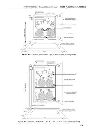 IN 007/DAT/CBMSC – Sistema Hidráulico Preventivo – TEXTO PARA CONSULTA PÚBLICA
Figura 07 – Hidrante para Sistema Tipo IV (lance único de mangueira)
Figura 08 – Hidrante para Sistema Tipo IV (com 2 ou mais lances de mangueiras)
19/42
 
