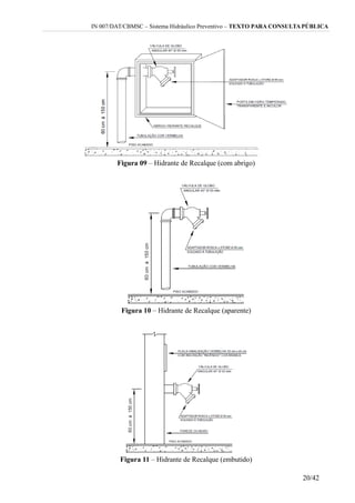 IN 007/DAT/CBMSC – Sistema Hidráulico Preventivo – TEXTO PARA CONSULTA PÚBLICA
Figura 09 – Hidrante de Recalque (com abrigo)
Figura 10 – Hidrante de Recalque (aparente)
Figura 11 – Hidrante de Recalque (embutido)
20/42
 