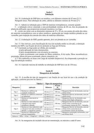 IN 007/DAT/CBMSC – Sistema Hidráulico Preventivo – TEXTO PARA CONSULTA PÚBLICA
Seção I
Tubulação
Art. 10. A tubulação do SHP deve ser metálica, com diâmetro mínimo de 65 mm (2½").
Parágrafo único. Para tubulação de cobre, admite-se diâmetro mínimo de 50 mm (2").
Art. 11. Admite-se tubulação para o SHP de materiais termoplásticos, somente quando:
I – a tubulação estiver enterrada a uma profundidade mínima de 60 cm, fora da projeção da
planta da edificação, que proporcione proteção mecânica e ao fogo;
II – existir um nicho com as dimensões mínimas de 25 x 30 cm, nos pontos de união dos tubos
de materiais termoplásticos com os tubos metálicos, guarnecido por tampa metálica pintada na cor
vermelha, para inspeção da conexão dos tubos de materiais diferentes.
Art. 12. A tubulação do SHP, quando aparente, deve ser pintada na cor vermelha.
Art. 13. Nos imóveis, com classificação do risco de incêndio médio ou elevado, a tubulação
metálica do SHP e sua fixação devem ter proteção ao fogo por 02 horas.
§ 1º A proteção ao fogo pode ser obtida, por exemplo:
a) pela aplicação de tinta intumescente;
b) pelo encapsulamento com alvenaria ou concreto;
c) pelo revestimento com mantas de fibras cerâmicas, lã de rocha, fibras incombustíveis
projetadas, placas de gesso acartonado, placas cimentícia, etc.
§ 2º Nos ambientes ou áreas com carga de incêndio desprezível, fica dispensada a proteção ao
fogo da tubulação metálica.
Art. 14. A pressão máxima de trabalho na tubulação do SHP deve ser de 150 mca.
Seção II
Mangueiras de incêndio
Art. 15. A escolha do tipo de mangueira é em função do seu local de uso e da condição de
aplicação, conforme previsto na Tabela 1.
Tabela 1 – Tipos de mangueiras
Mangueira Aplicação Diâmetro
Pressão
de
trabalho
Descrição
Tipo 1
Destina-se a edifícios de
ocupação residencial.
40 mm (1½") 100 mca
Mangueira flexível, de borracha, com um
reforço têxtil.
Tipo 2
Destina-se a edifícios comerciais
ou industriais.
40 mm (1½")
65 mm (2½")
140 mca
Mangueira flexível, de borracha, com um
reforço têxtil.
Tipo 3
Destina-se à área naval ou
industrial.
40 mm (1½")
65 mm (2½")
150 mca
Mangueira flexível, de borracha, com
reforço têxtil duplo sobrepostos.
Tipo 4
Destina-se à área industrial, onde
é desejável uma maior
resistência à abrasão.
40 mm (1½")
65 mm (2½")
140 mca
Mangueira flexível, de borracha, com um
reforço têxtil, acrescida de um
revestimento externo de PVC + borracha.
Tipo 5
Destina-se à área industrial, onde
é desejável uma alta resistência à
abrasão e a superfícies quentes.
40 mm (1½")
65 mm (2½")
140 mca
Mangueira flexível, de borracha, com um
reforço têxtil, acrescida de um
revestimento externo de borracha.
Semirrígida
Destina-se à edificações que
utilizam mangotinhos.
25 mm (1”) 150 mca
Mangueira semirrígida, de borracha, com
um reforço têxtil.
Adota-se: 1 MPa = 10 bar = 10 kgf/cm² = 100 mca = 145 psi
Art. 16. As mangueiras de incêndio devem ter manutenção, no máximo a cada 05 anos.
5/42
 