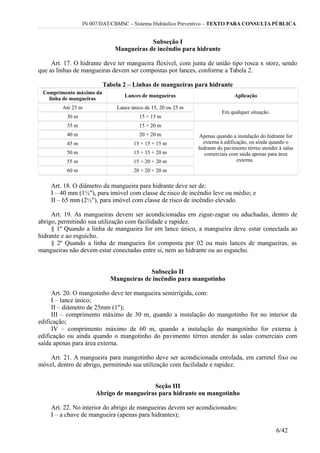 IN 007/DAT/CBMSC – Sistema Hidráulico Preventivo – TEXTO PARA CONSULTA PÚBLICA
Subseção I
Mangueiras de incêndio para hidrante
Art. 17. O hidrante deve ter mangueira flexível, com junta de união tipo rosca x storz, sendo
que as linhas de mangueiras devem ser compostas por lances, conforme a Tabela 2.
Tabela 2 – Linhas de mangueiras para hidrante
Comprimento máximo da
linha de mangueiras
Lances de mangueiras Aplicação
Até 25 m Lance único de 15, 20 ou 25 m
Em qualquer situação.
30 m 15 + 15 m
35 m 15 + 20 m
Apenas quando a instalação do hidrante for
externa à edificação, ou ainda quando o
hidrante do pavimento térreo atender à salas
comerciais com saída apenas para área
externa.
40 m 20 + 20 m
45 m 15 + 15 + 15 m
50 m 15 + 15 + 20 m
55 m 15 + 20 + 20 m
60 m 20 + 20 + 20 m
Art. 18. O diâmetro da mangueira para hidrante deve ser de:
I – 40 mm (1½"), para imóvel com classe de risco de incêndio leve ou médio; e
II – 65 mm (2½"), para imóvel com classe de risco de incêndio elevado.
Art. 19. As mangueiras devem ser acondicionadas em zigue-zague ou aduchadas, dentro de
abrigo, permitindo sua utilização com facilidade e rapidez.
§ 1º Quando a linha de mangueira for em lance único, a mangueira deve estar conectada ao
hidrante e ao esguicho.
§ 2º Quando a linha de mangueira for composta por 02 ou mais lances de mangueiras, as
mangueiras não devem estar conectadas entre si, nem ao hidrante ou ao esguicho.
Subseção II
Mangueiras de incêndio para mangotinho
Art. 20. O mangotinho deve ter mangueira semirrígida, com:
I – lance único;
II – diâmetro de 25mm (1");
III – comprimento máximo de 30 m, quando a instalação do mangotinho for no interior da
edificação;
IV – comprimento máximo de 60 m, quando a instalação do mangotinho for externa à
edificação ou ainda quando o mangotinho do pavimento térreo atender às salas comerciais com
saída apenas para área externa.
Art. 21. A mangueira para mangotinho deve ser acondicionada enrolada, em carretel fixo ou
móvel, dentro de abrigo, permitindo sua utilização com facilidade e rapidez.
Seção III
Abrigo de mangueiras para hidrante ou mangotinho
Art. 22. No interior do abrigo de mangueiras devem ser acondicionados:
I – a chave de mangueira (apenas para hidrantes);
6/42
 