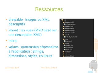 session sept 2014 Yann Caron (c) 2014 12
Ressources

drawable : images ou XML
descriptifs

layout : les vues (MVC basé sur
une description XML)

menu

values : constantes nécessaires
à l'application : strings,
dimensions, styles, couleurs
 