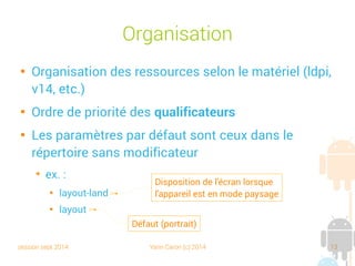 session sept 2014 Yann Caron (c) 2014 13
Organisation

Organisation des ressources selon le matériel (ldpi,
v14, etc.)

Ordre de priorité des qualificateurs

Les paramètres par défaut sont ceux dans le
répertoire sans modificateur
➔
ex. :

layout-land

layout
Disposition de l'écran lorsque
l'appareil est en mode paysage
Défaut (portrait)
 