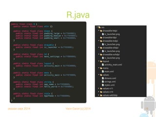 session sept 2014 Yann Caron (c) 2014 16
R.java
public final class R {
public static final class attr {}
public static final class dimen {
public static final int padding_large = 0x7f040002;
public static final int padding_medium = 0x7f040001;
public static final int padding_small = 0x7f040000;
}
public static final class drawable {
public static final int ic_launcher = 0x7f020001;
}
public static final class id {
public static final int menu_settings = 0x7f080000;
}
public static final class layout {
public static final int activity_main = 0x7f030000;
}
public static final class menu {
public static final int activity_main = 0x7f070000;
}
public static final class string {
public static final int app_name = 0x7f050000;
public static final int hello_world = 0x7f050001;
}
public static final class style {
public static final int AppTheme = 0x7f060000;
}
}
 