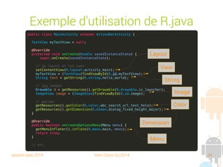 session sept 2014 Yann Caron (c) 2014 24
Exemple d'utilisation de R.java
public class MainActivity extends ActionBarActivity {
TextView myTextView = null;
@Override
protected void onCreate(Bundle savedInstanceState) {
super.onCreate(savedInstanceState);
// le layout et les vues
setContentView(R.layout.activity_main);
myTextView = (TextView)findViewById(R.id.myTextView);
String text = getString(R.string.hello_world);
// les images
Drawable d = getResources().getDrawable(R.drawable.ic_launcher);
ImageView image = (ImageView)findViewById(R.id.image);
// autres
getResources().getColor(R.color.abc_search_url_text_holo);
getResources().getDimension(R.dimen.dialog_fixed_height_major);
}
@Override
public boolean onCreateOptionsMenu(Menu menu) {
getMenuInflater().inflate(R.menu.main, menu);
return true;
}
// etc.
Layout
View
String
Image
Color
Dimension
Menu
 