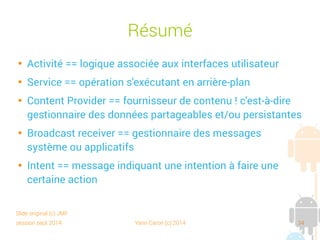 session sept 2014 Yann Caron (c) 2014 34
Résumé

Activité == logique associée aux interfaces utilisateur

Service == opération s'exécutant en arrière-plan

Content Provider == fournisseur de contenu ! c'est-à-dire
gestionnaire des données partageables et/ou persistantes

Broadcast receiver == gestionnaire des messages
système ou applicatifs

Intent == message indiquant une intention à faire une
certaine action
Slide original (c) JMF
 