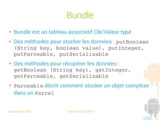 session sept 2014 Yann Caron (c) 2014 38
Bundle

Bundle est un tableau associatif Clé/Valeur typé

Des méthodes pour stocker les données : putBoolean 
(String key, boolean value), putInteger, 
putParceable, putSerializable

Des méthodes pour récupérer les données :
getBoolean (String key), getInteger, 
getParceable, getSerializable

Parceable décrit comment stocker un objet complexe
dans un Parcel
 
