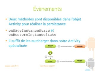 session sept 2014 Yann Caron (c) 2014 39
Évènements

Deux méthodes sont disponibles dans l'objet
Activity pour réaliser la persistance.

onSaveInstanceState et
onRestoreInstanceState

Il suffit de les surcharger dans notre Activity
spécialisée
 