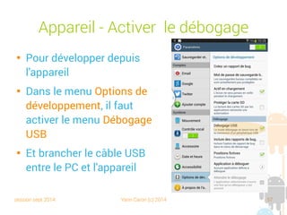 session sept 2014 Yann Caron (c) 2014 57
Appareil - Activer le débogage

Pour développer depuis
l'appareil

Dans le menu Options de
développement, il faut
activer le menu Débogage
USB

Et brancher le câble USB
entre le PC et l'appareil
 